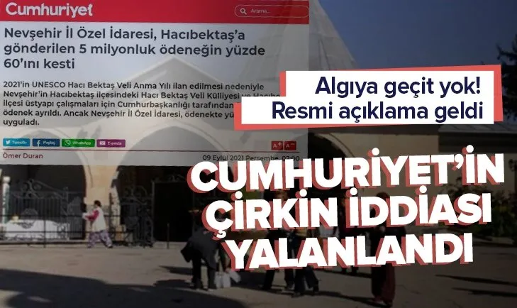 Cumhuriyet’in “Hacıbektaş’ın ödeneğine yüzde 60 kesinti” haberine yalanlama