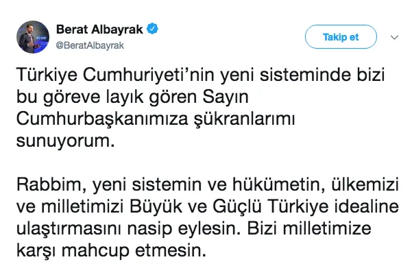 Hazine ve Maliye Bakanı Berat Albayrak’tan ilk mesaj