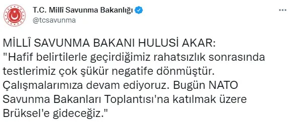 Son dakika: Milli Savunma Bakanı Hulusi Akar koronavirüs testinin negatif çıktığını açıkladı