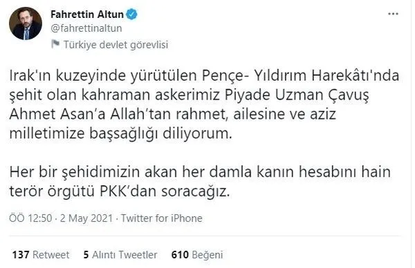 Pençe Yıldırım Harekatı’nda Piyade Uzman Çavuş Ahmet Asan şehit oldu