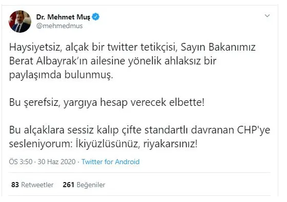 AK Parti'den Hazine ve Maliye Bakanı Berat Albayrak'a yönelik alçak paylaşıma sert tepki: Yargı önünde hesap verecek - 1