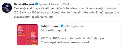 Bakan Albayrak: 100 milyon ton kömür üretimi hedefi tutturuldu
