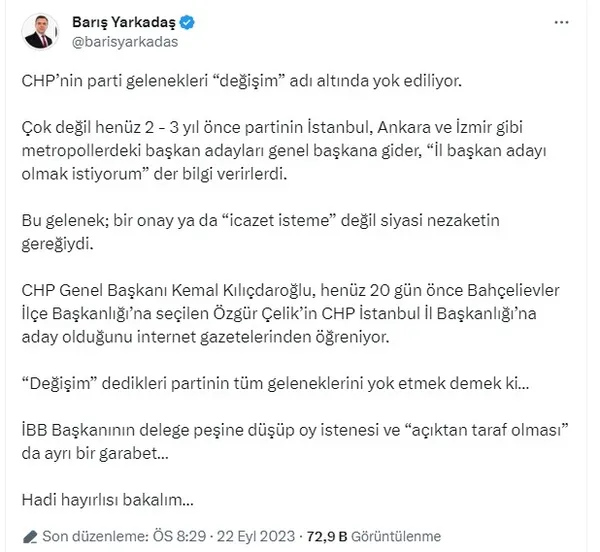 CHP yandaşı Barış Yarkadaş’tan Ekrem İmamoğlu’na bombardıman: ‘Değişim’ dedikleri CHP geleneklerini yok etmek