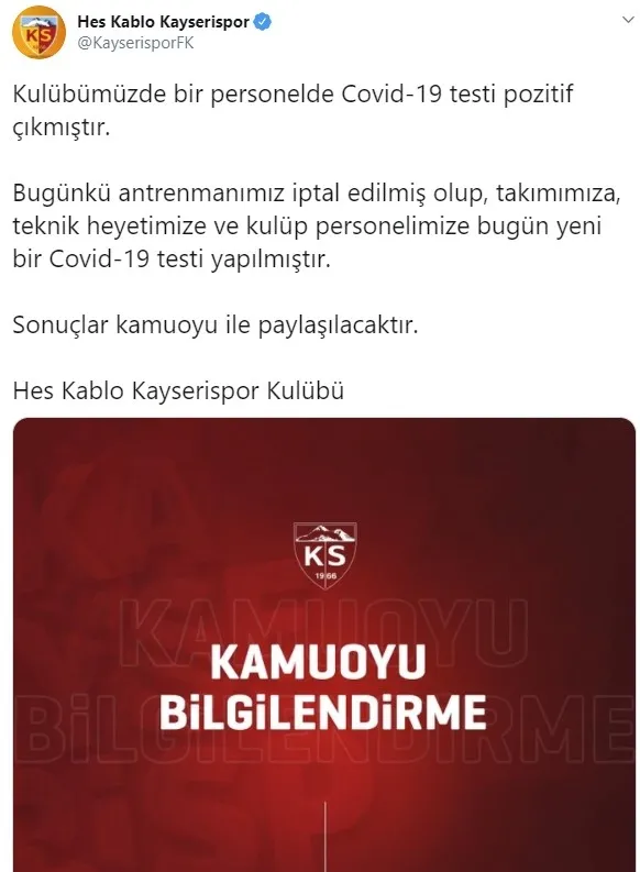 Kayserispor'da bir personelin Kovid-19 testi pozitif çıktı - 1