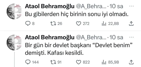 CHP’nin kadrolu şairi Ataol Behramoğlu’ndan devlet erkanına tehdit!