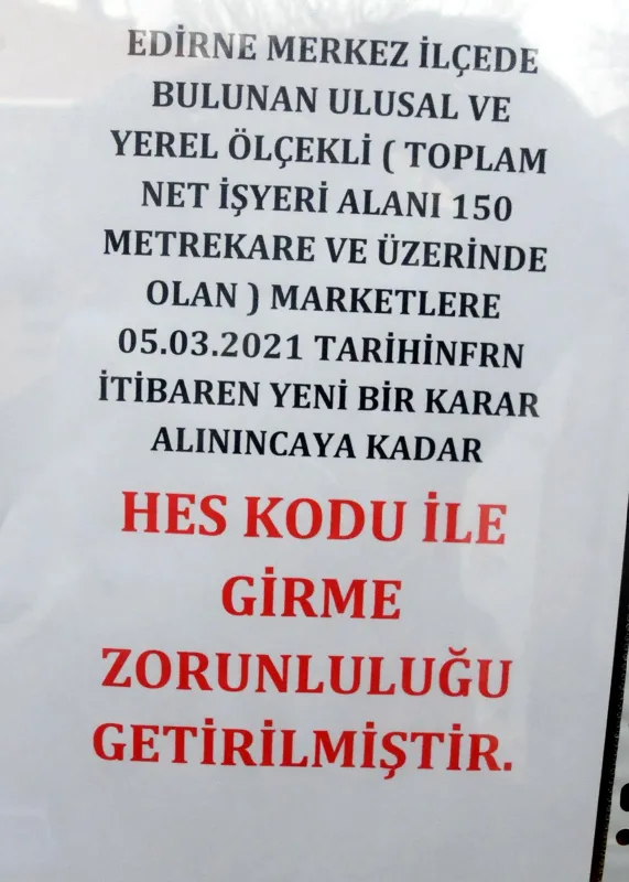 Çok yüksek riskli iller arasında olan Edirne’de yeni karar! Marketlere HES kodu ile girilecek