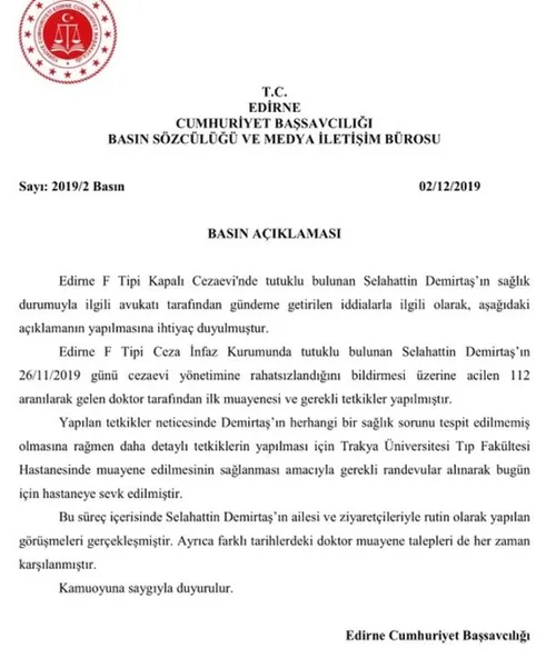 Edirne Cumhuriyet Başsavcılığı’ndan Selahattin Demirtaş’ın sağlık durumu hakkında flaş açıklama