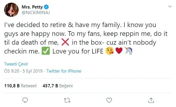 Nicki Minaj aile kurmak için emekli olmaya karar verdi