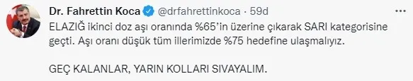 Bakan Fahrettin Koca duyurdu: Elazığ Kovid-19 aşılamasında... - 1