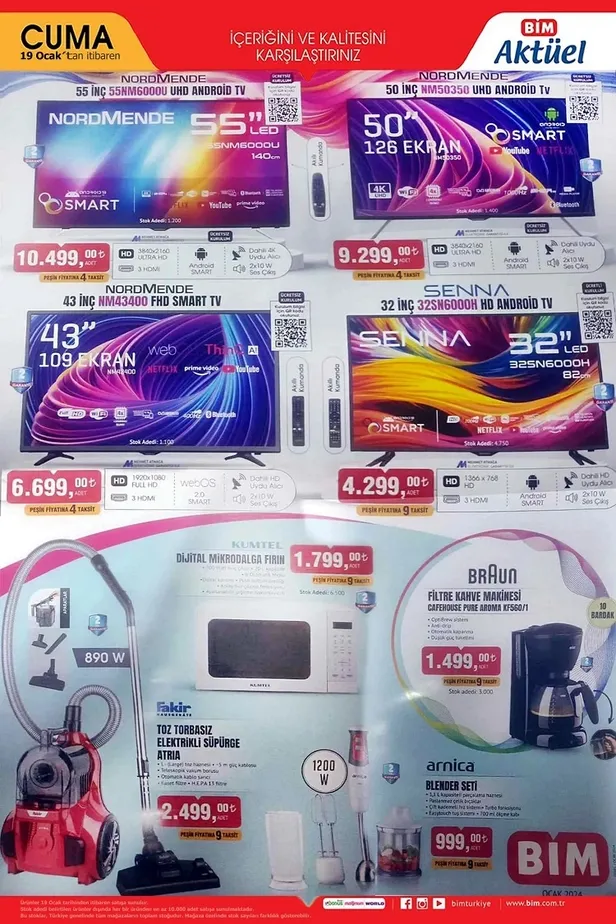 19 Ocak BİM aktüel ürünler kataloğu geldi! BİM’de 55 UHD Android TV, Toz Torbasız Elektrikli Süpürge ve Mikrodalga Fırın fiyatlarıyla öne çıkıyor.
