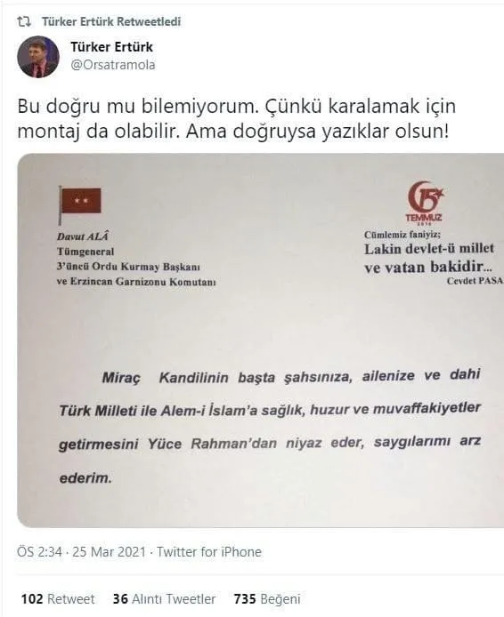 Kandil kutladığı için hedef gösterilen 15 Temmuz destanının gazisi 3. Ordu Kurmay Başkanı Tümgeneral Davut Ala 18. ameliyatını olacak