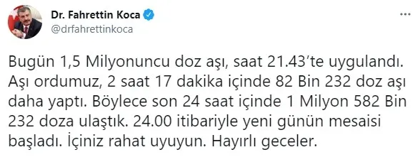 Sağlık Bakanı Fahrettin Koca duyurdu! Bugün 1 milyon 582 bin 232 doz aşı uygulandı - 5