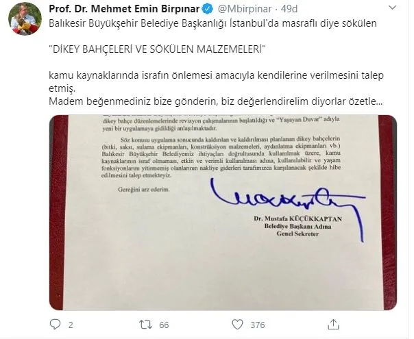AK Partili Balıkesir Büyükşehir Belediyesi’nden CHP’li İstanbul Büyükşehir Belediyesi’ne Dikey Bahçe çağrısı!