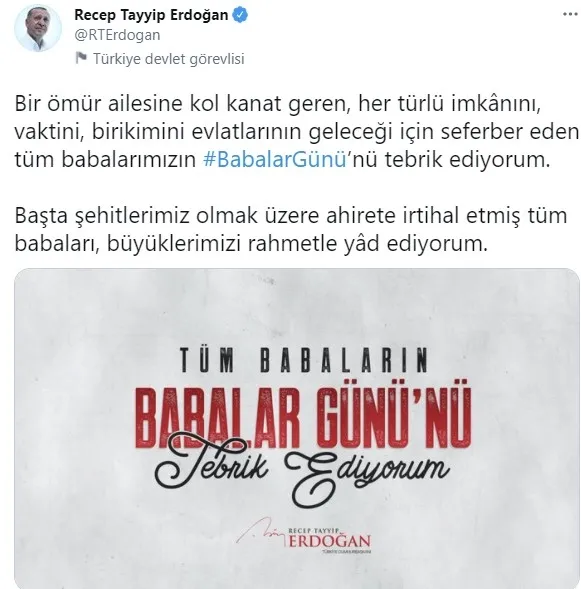 Son dakika: Başkan Erdoğan’dan Babalar Günü mesajı