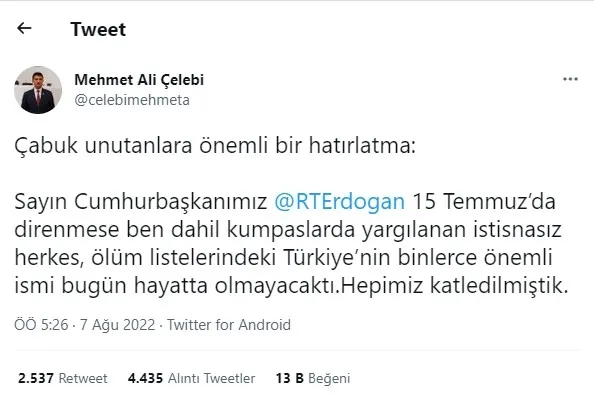 Son dakika: Mehmet Ali Çelebi AK Parti’ye katıldı