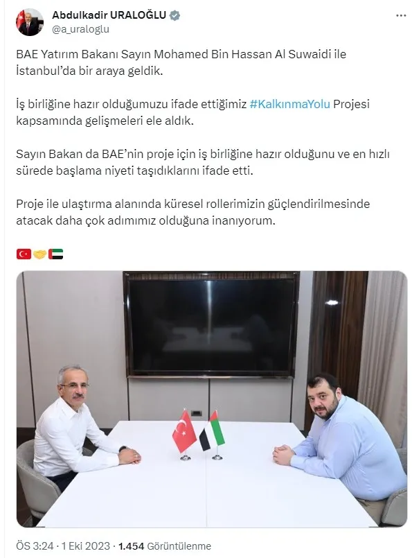 Ulaştırma Bakanı Abdulkadir Uraloğlu BAE Yatırım Bakanı Al Suwaidi ile Kalkınma Yolu Projesi’ni görüştü