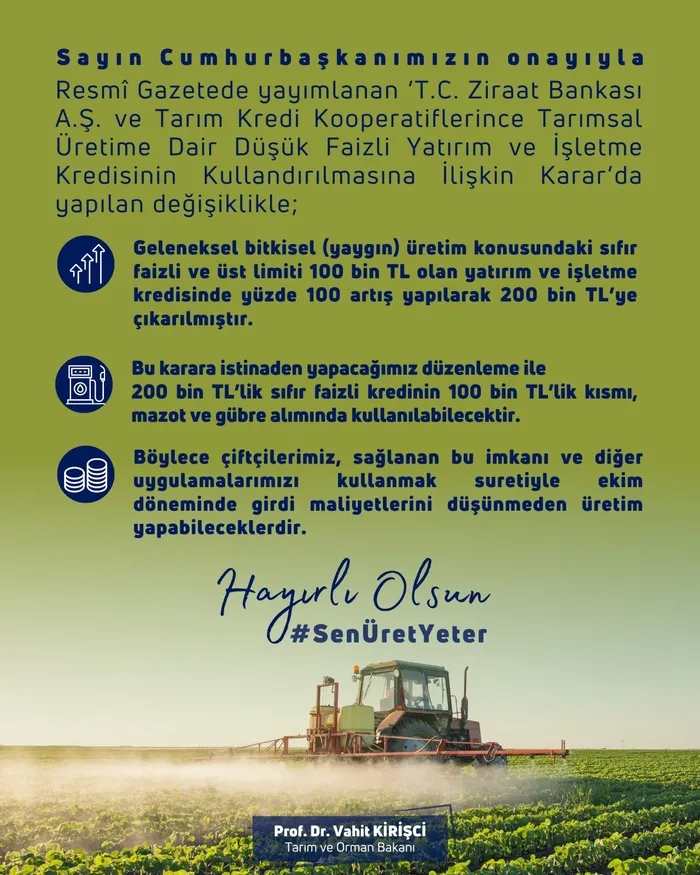 Tarım ve Orman Bakanı Vahit Kirişci: 100 bin TL’den 200 bin TL’ye çıkarıldı