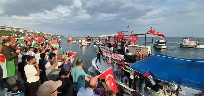 Tekirdağlı balıkçılar Sumud filosuna destek için denize açıldı! Teknelerini Türk ve Filistin bayrakları ile süslediler