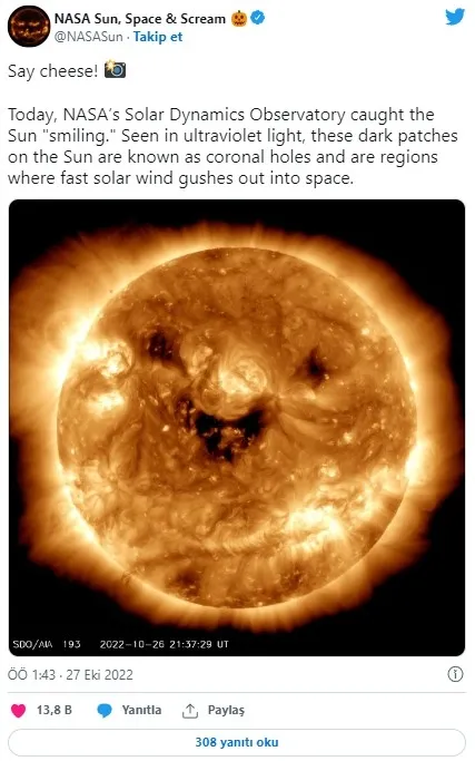 NASA’dan ilginç paylaşım! Güneşin gülümseyen görüntüsünü yakaladı