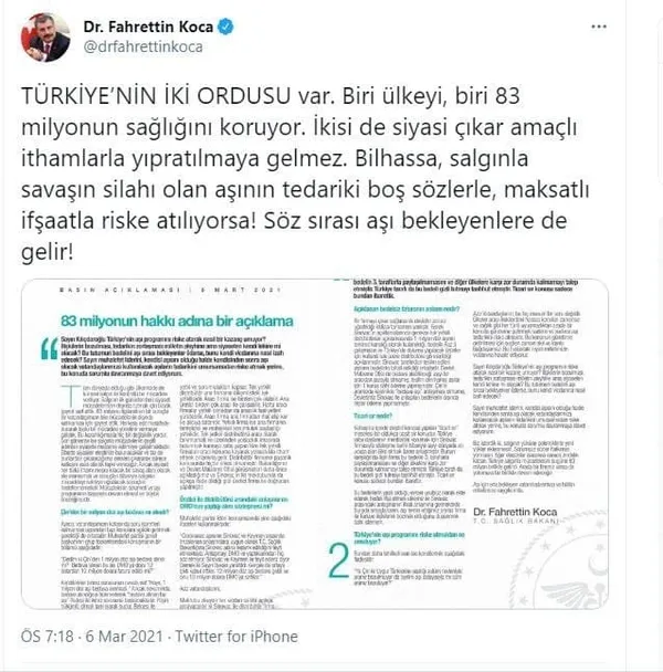 Sağlık Bakanı Fahrettin Koca’dan muhalefetin aşı eleştirilerine yanıt! Aşı programını riske atarak nasıl bir kazanç umuyorsunuz?