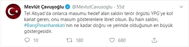 Bakan Çavuşoğlu: Tel Abyad saldırısı, YPG’yi masum gösterenlere ibret olsun