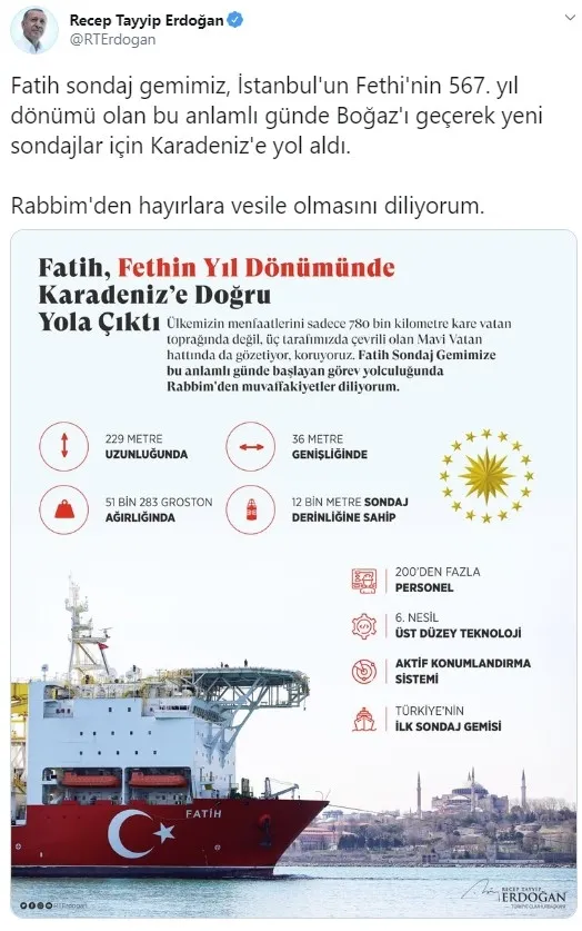 Başkan Erdoğan’dan Fatih sondaj gemisi paylaşımı