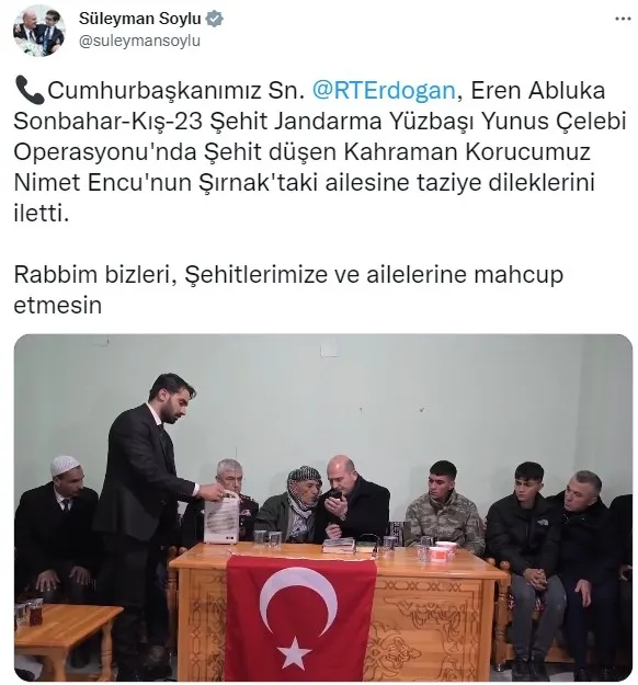 İçişleri Bakanı Süleyman Soylu: Korucu Tim Komutanı Nimet Encu şehit oldu | Başkan Erdoğan’dan taziye