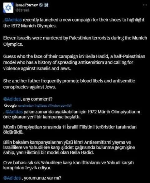 Bella Hadid’in reklam yüzü olduğu Adidas’tan skandal! Siyonistler rahatsız oldu diye özür dilediler