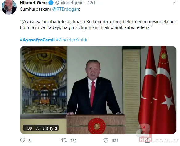 Başkan Erdoğan'ın Ayasofya'yı ibadete açan imzayı atmasının ardından sosyal medyada destek mesajları yaptı 10