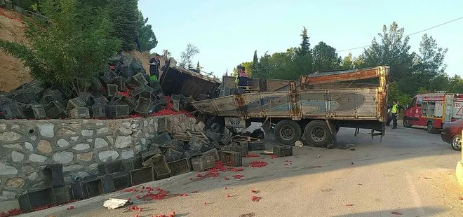 Domates yüklü kamyon istinat duvarına çarptı: 1 ölü