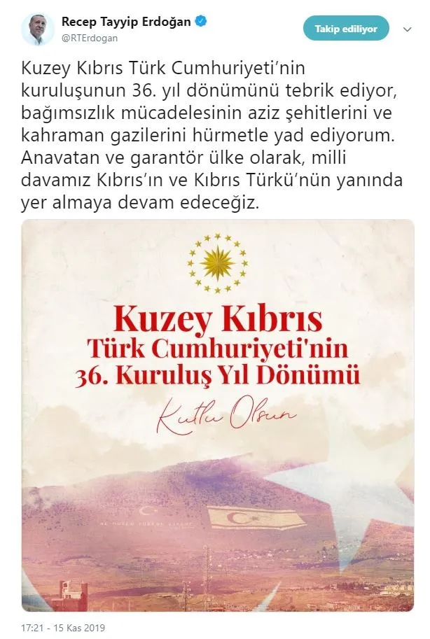 Başkan Erdoğan'dan KKTC paylaşımı: Kıbrıs Türkü'nün yanında yer almaya devam edeceğiz - 1