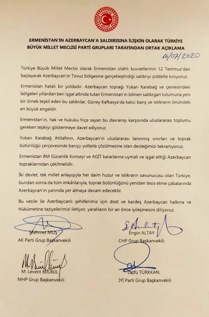 Son dakika: AK Parti CHP MHP ve İYİ Parti Ermenistan’ın saldırısını kınadı