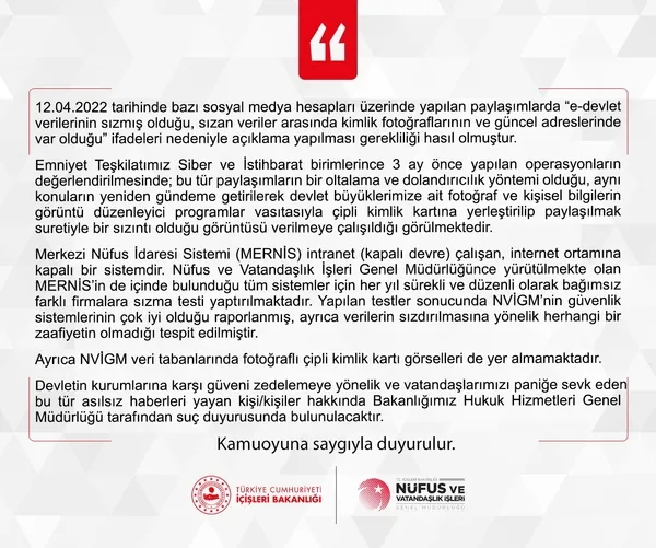 1649800814238.jpg Kimlik ve adres verilerinin sızdırıldığına ilişkin haberlere yalanlama! Nüfus ve Vatandaşlık İşleri Genel Müdürlüğü'nden açıklama geldi - 2