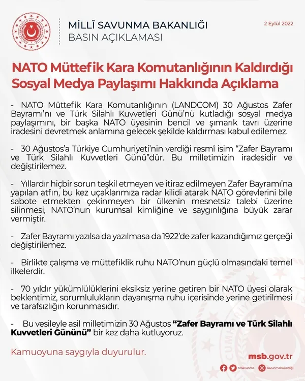 MSB’den NATO’ya 30 Ağustos paylaşımının kaldırılmasına ilişkin tepki: Kabul edilemez