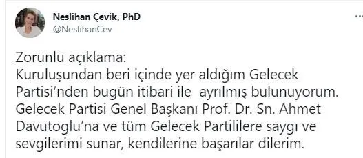 Gelecek Partisi Genel Başkan Yardımcısı Neslihan Çevik partisinden istifa etti - 1