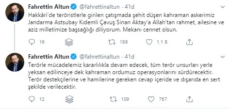 İletişim Başkanı Altun: Tüm terör unsurları yerle yeksan edilinceye dek kahraman ordumuz operasyonlarını sürdürecektir - 1