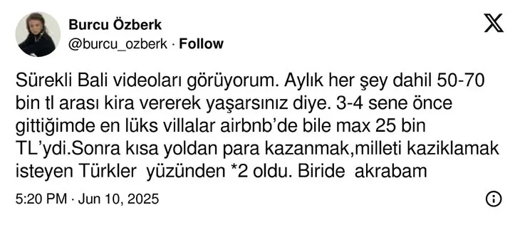 Bali’deki fiyatlara isyan eden Burcu Özberk anavatan övgüsü!