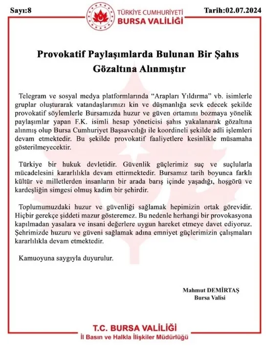 Bursa’da sosyal medya provokatörü gözaltında! Valilik açıkladı: Müsamaha gösterilmeyecektir