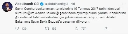 Adalet Bakanı Abdulhamit Gül görevden affını istedi! Yeni Adalet Bakanı Bekir Bozdağ oldu