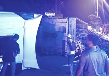 Karadeniz Ereğli'de odun yüklü kamyon devrildi!