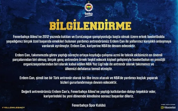 Fenerbahçe'den son dakika ayrılık açıklaması: Erdem Can NBA'de yardımcı antrenörlük yapacak