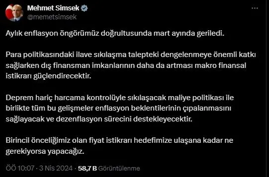 TÜİK kritik veriyi açıkladı! Mart ayı enflasyon oranı belli oldu | Mart 2024 enflasyon oranı | Bakan Mehmet Şimşek’ten flaş yorum