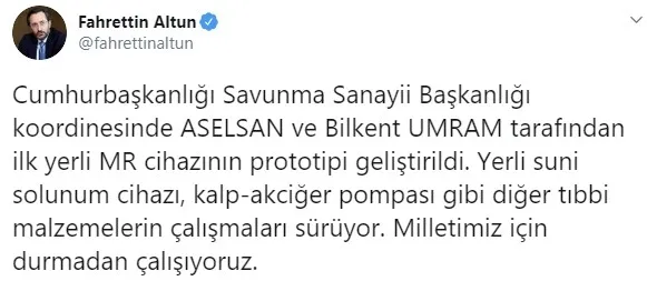 İletişim Başkanı Fahrettin Altun’dan ilk yerli MR cihazı müjdesi