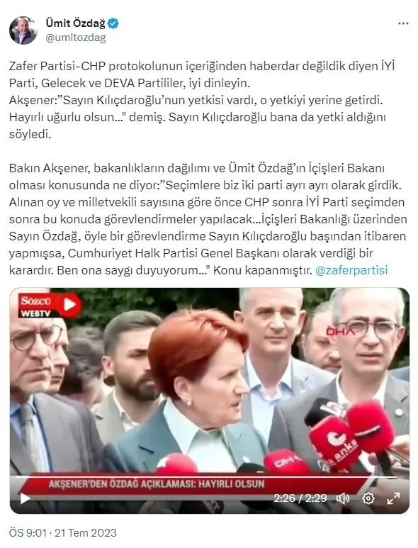 Ümit Özdağ koalisyon masasının küçük ortaklarını Akşener’in videosu ile vurdu! Gizli protokolden İYİ Parti’nin haberi var mıydı?