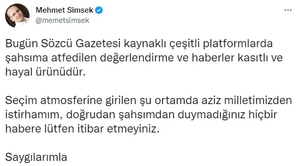 Mehmet Şimşek’ten Sözcü’nün ekonomi üzerinden algı operasyonuna tepki! Kasıtlı ve hayal ürünüdür