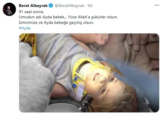 Hazine ve Maliye Bakanı Berat Albayrak’tan Ayda bebek için geçmiş olsun mesajı