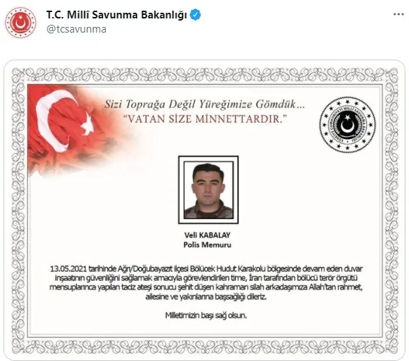MSB’den şehit özel harekat polisi Veli Kabalay için başsağlığı mesajı