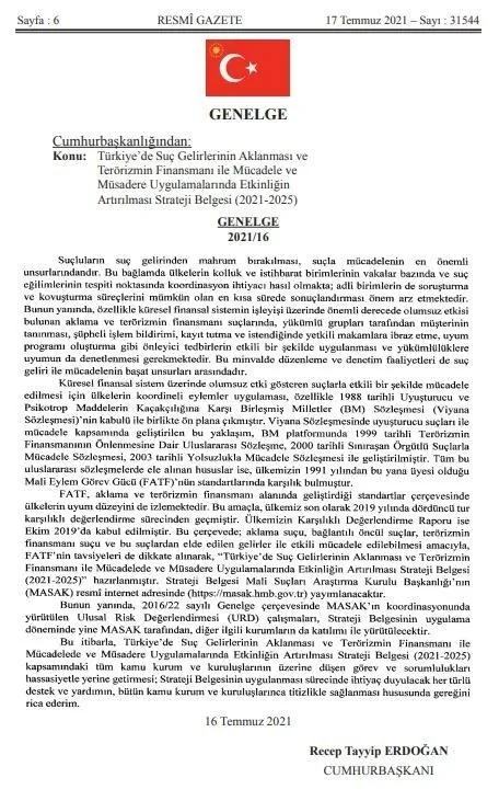 Başkan Erdoğan’dan terörizmin finansmanı ile mücadeleye ilişkin genelge