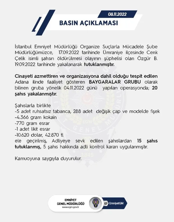 EGM’den son dakika açıklaması: Baygarlar Grubu çetesine operasyon yapıldı