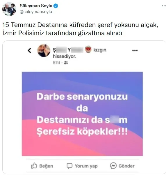 İçişleri Bakanı Süleyman Soylu duyurdu: 15 Temmuz Destanı^'na küfreden şahıs gözaltına alındı - 1